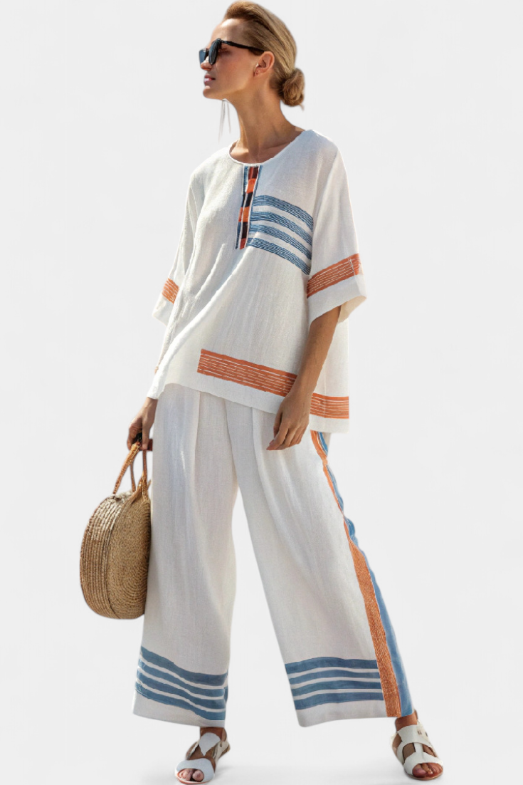 Marcellin | Sophisticated Blue-Orange Striped Top & Trousers